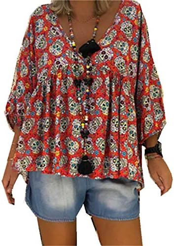 Andongnywell Womens Blusa casual Manga solta V Tops impressos de pescoço camisetas impressas túnicas de camisa de chiffon