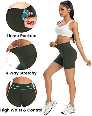 Promover shorts de ioga de bicicleta de cintura alta para mulheres com bolsos Executando shorts de compressão 5 /8 Controle