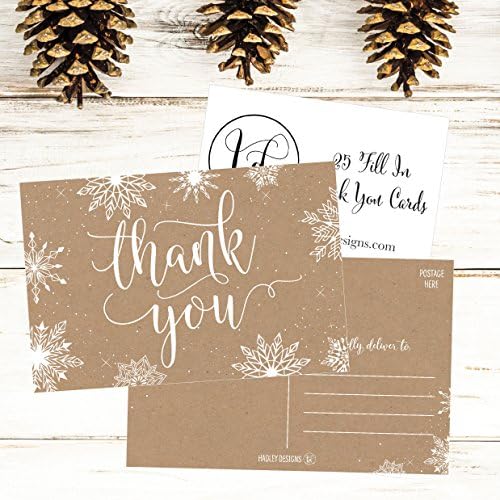 25 4x6 Holida de Natal em branco Obrigado Cartões postais, fofo Kraft Winter Snowflake note Cartão de carta para casamento, damas