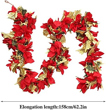5.2 Foot Poinsettia Ornamentos de Natal, guirlanda de poinsétia artificial pendurada videira com folhas de azevinho