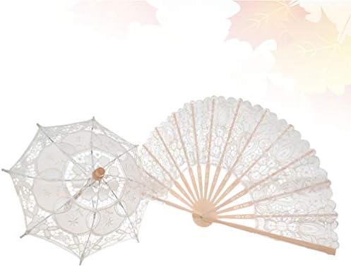 Fã dobrável de seda de renda do casamento de amosfun e mini -guarda -chuva vintage fã de bambu adereços para fotografia de casamento ou decoração