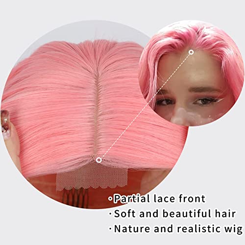Perucas de ondulação curta rosa glorioso estampado para mulheres peruca cacheada rosa para menina parte do meio bob rosa peruca sintética