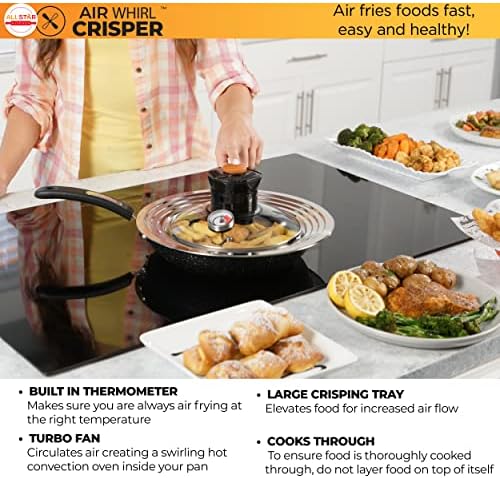 Air Whirl Crisper Air Fryer Lid para panelas e panelas de 10 a 12 polegadas, trabalha em fogão- Inclui tampa de areia de ar e bandeja expansível