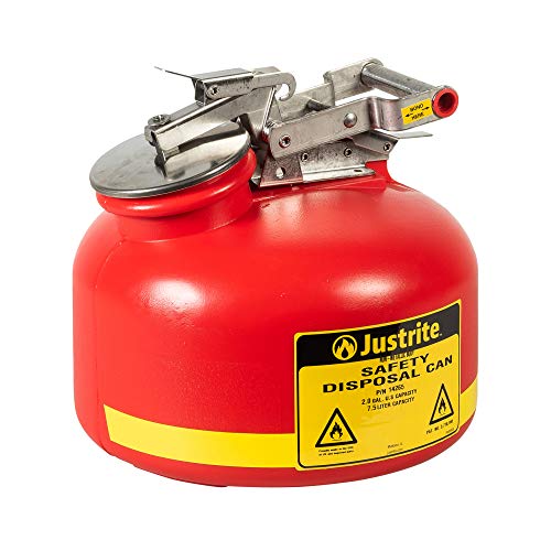 Justite 14265 O descarte de líquido de segurança de polietileno pode com hardware de aço inoxidável e medidor de preenchimento embutido, capacidade de 2 galões, vermelho
