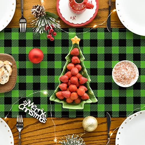 Modo artóide Green e preto Buffalo Plaid Truck Mesa de Natal Runner, Decoração sazonal de mesa de jantar de cozinha de Natal de inverno para decoração de festa em casa ao ar livre em casa 13 x 72 polegadas