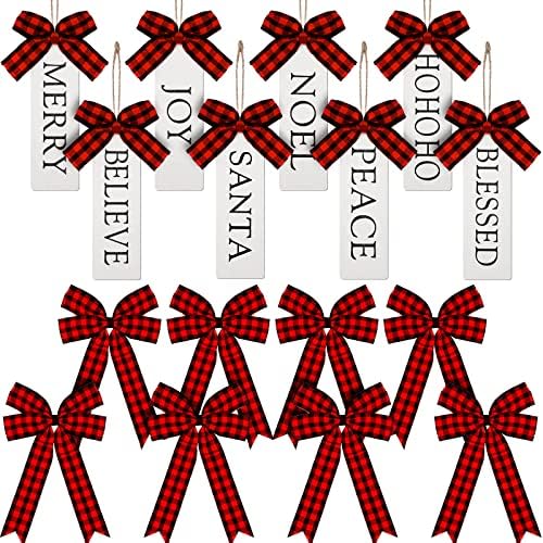 16 peças de Natal etiquetas de madeira rótulos de Natal desejos de ornamentos de fazendas de madeira ornamentos pendurados com arcos