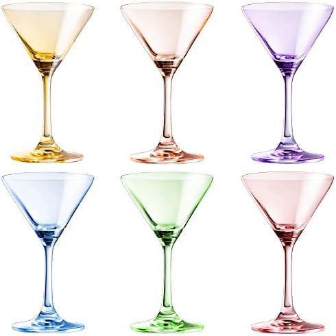Conjunto de óculos de Martini de 6 | 8oz | Crystal Luxury Martini Glass - Cores elegantes - soprado à mão premium | Art Deco Cocktail Colored Coupes for Manhattan, Cosmopolitan, Sidecar, Speakeasy - Goblets Stemed