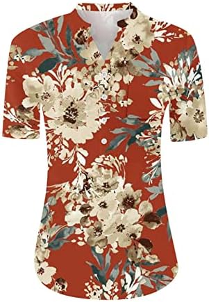 Camisetas de manga curta de mulher de mulher 2023 V Botão de colarinho de pescoço para baixo camisa floral Tops de verão estampados