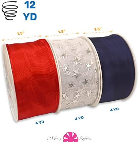 Morex Ribbon 24340p3-914 Fita com fio com estrelas de 1,5 x 12 anos de fita patriótica para embrulho de presentes, vermelho/branco/azul, 4 de julho Decorações, bandeiras americanas fornecem fitas de presente para artesanato para artesanato