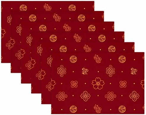 Placemat, Placemat de isolamento não deslizante, conjunto de tapetes de mesa lavável, Blossoms de ouro vermelho padrão tradicional