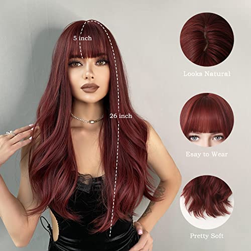 Park Yun Dark Red Wig com franja, perucas de 26 polegadas de onda de 26 polegadas para mulheres, perucas sintéticas resistentes ao calor para uso diário de festas