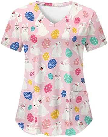 CGGMVCG Easter Scrub Tops Women Bunny Egg Print V Neck Camisetas de manga curta Tops de Páscoa soltos para mulheres 2023 com