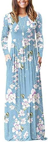 Andongnywell Women Floral Floral Long Dress Long Maxi com bolsos de manga longa de manga longa vestidos soltos