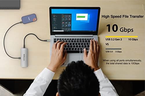 USB-C Multimídia 10-1-1 Gen 2 Hub HDMI 4K, entrega de energia USB-C de 100 watts com dados ou 5 Gbps, Gigabit Ethernet, 2 x portas USB-C Gen 2, 2 x portas USB-A 3.0, 2-in -1 porta de áudio, sd e micro sd