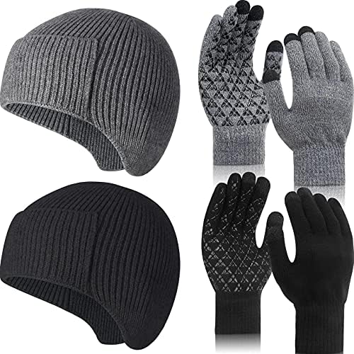 Catinior 4 peças Hats de malha masculinos e luvas de inverno Chapéu de gorro de toque Tela de toque de ouvido quente Anti-deslizamento