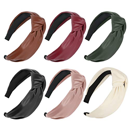 WELLTOP 6 PCS Bandas de cabeça atadas para mulheres, banda de cabeça de couro largo PU Confortável nó de pêlo de turbante