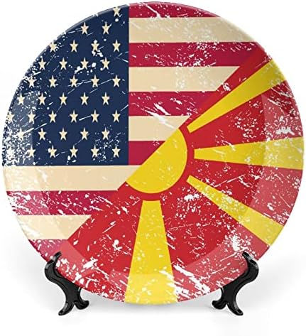 American e Macedonia Retro Flag Design Vintage Plate China Decor Plate com Stand Round Decorative Plate Home Wobble-Plate