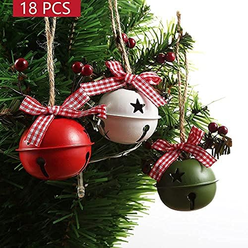 18 PCs Christmas Jingle Bells Ornamentos em verde branco vermelho, pingente de sinos de árvore de Natal, material de festa