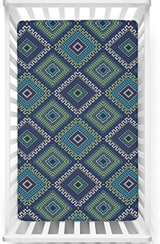 Mini-berço com tema asteca, lençóis de berço, lençóis de berço portáteis de berço ultra macio para meninas ou meninos, 24 “x38“, verde azul e azul noturno