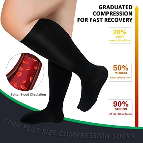 Pacote de 3 meias de compressão de tamanho grande para mulheres e homens, 20-30 mmhg de meias de joelho de bezerro extra larga para