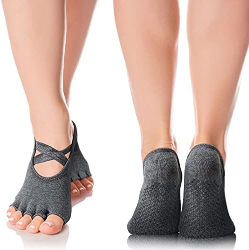 Satinior 6 pares meias de ioga Toeless pilates barre balé meias meio toe meias de garra meias elásticas multicoloridas para mulheres, rosa, roxo escuro, bege, preto, cinza escuro, cinza claro, um tamanho único
