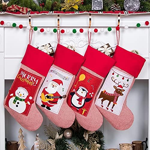 GEX 2021 meias de natal 4 pacote para família 20 Rústico Padrão de bordado clássico Santa Snowman lareira árvore grande decorações