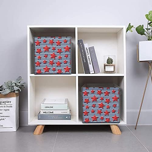 Red Stars Blue Stripes Cubos de armazenamento com alças Bins de tecido dobrável Organizando cestas para prateleiras armário