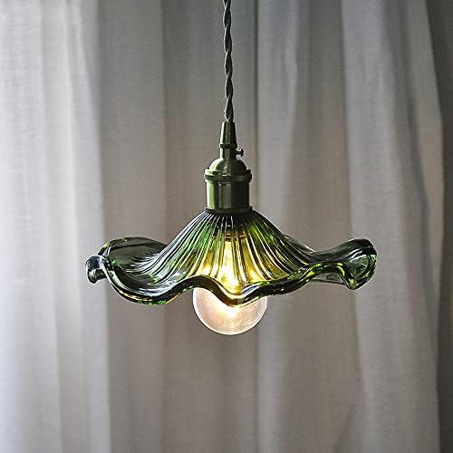 Pingente Light Retro Clear/Green Flower Shade Padrão de vidro, lâmpada de lâmpada de lâmpada de teto de acabamento de latão E26/E27 Ajuste de lâmpada com a ilha da cozinha Bedroom Dia 9.05 ”