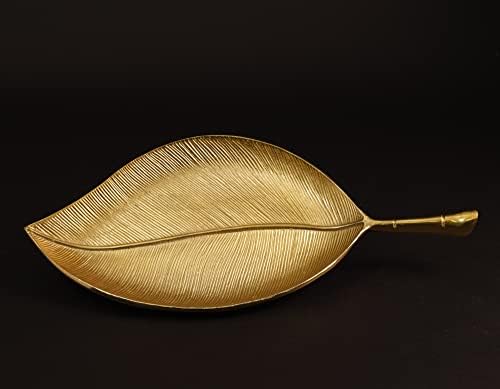 Caché do cruzador | Bandeja de folhas de palmeira de 18 ”Madagascar | Belo design orgânico | Acabamento em ouro polido | Artesanal,