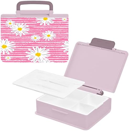 Kigai Cute Daisy Pink Stripes Lunch Box Recipiente de 1000ml Bento Caixa com Forks Spoon 3 Compartamentos Recipientes