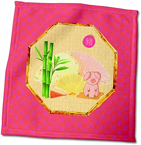 Sinal 3drose do porco, bambu verde, ventilador, porco rosa em moldura hexagon - toalhas