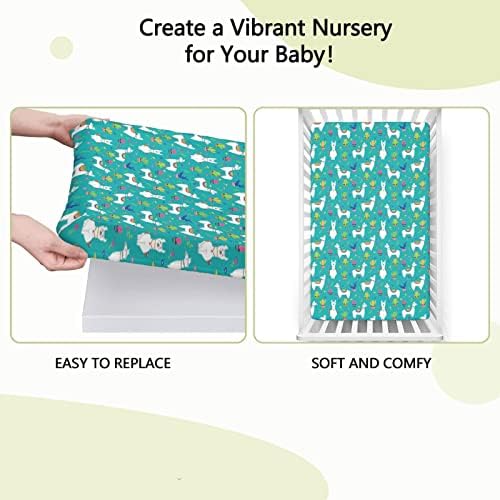 Lhama com tema de mini folhas de berço, lençóis de berço portáteis de berço portáteis, lençóis de berço para menino ou menino, 24 x38, branco e magenta turquesa
