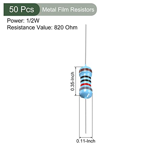 Yokive 50 PCS Resistores de filmes de metal, resistor de 820 ohm com tolerância de 1/2w 1%, chumbo, bom para projetos eletrônicos