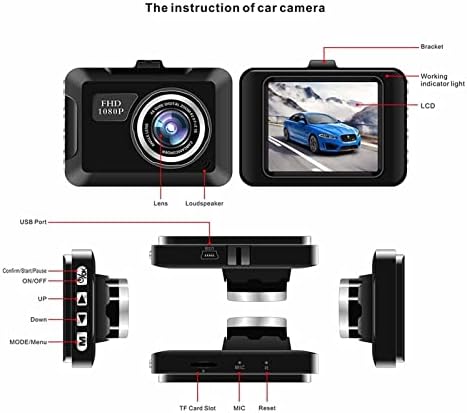 Câmera de carro 720p da câmera de câmera de 720p, câmera de traço de tela mini -tela de 2,0 polegadas, câmera de painel atualizada, visão noturna, suporte máximo de suporte de 32 GB （não incluído）