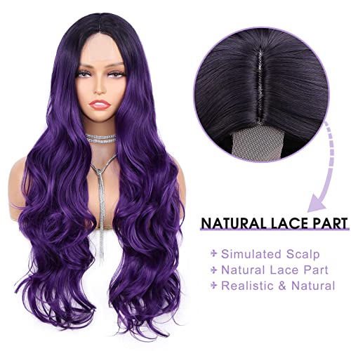 Wignee ombre perucas roxas 26 polegadas perucas de onda corporal para mulheres negras raízes de cabelo escuro