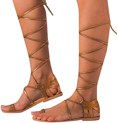 Sandálias planas femininas tiras de sandálias romanas anel de dedão de dedos casuais sandálias ao ar livre lace-up sandálias de caminhada respirável