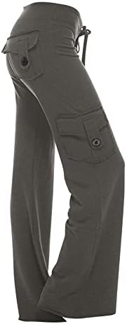 Calças de ioga de bootcut femininas com bolsos de botão elástica para fitness de treino - Leggings de ioga de material fino