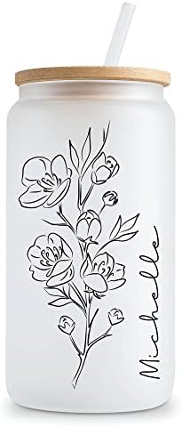 HyTurtle personalizada copo de vidro com nome e design floral com flor de nascimento, com tampa de bambu e palha, presentes