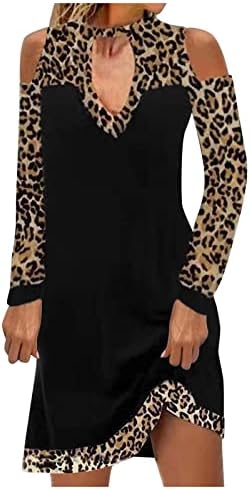 Vestidos casuais femininos do Nokmopo Midi Painel de cores de leopardo casual fora do ombro de manga longa Vestido reto