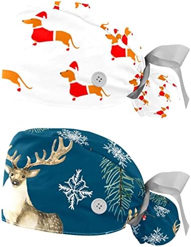 2 PCs Caps de trabalho ajustáveis ​​Bouffant com botão com botão Trecy Trey Back Scrub Hats for Women Christmas Dog