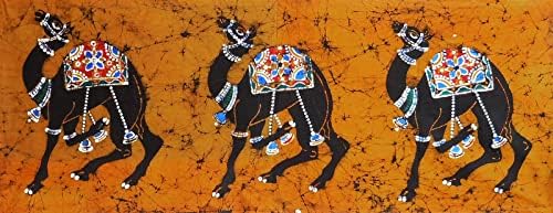 DollSofindia 3 camelos reais - 17,5 x 44 polegadas - Pintura Multicolor Batik no Pano - Sem moldura