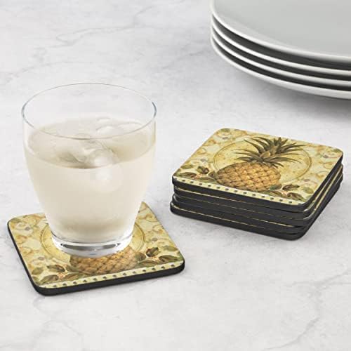 Coastas -russas de coleta de abacaxi dourado de Pimpernel | Conjunto de 6 | Placa com suporte de cortiça | Resistente ao calor e mancha | Coaster de bebidas para proteção de mesa | Mede 4 ”x 4”