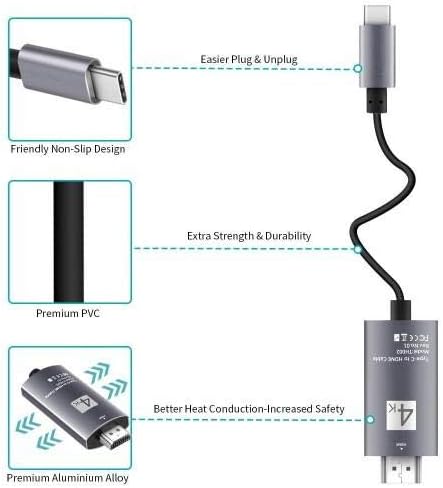 Cabo de ondas de caixa compatível com aquos Sharp R2 - Cabo SmartDisplay - USB tipo C para HDMI, Cabo USB C/HDMI para Aquos Sharp R2 - Jet Black