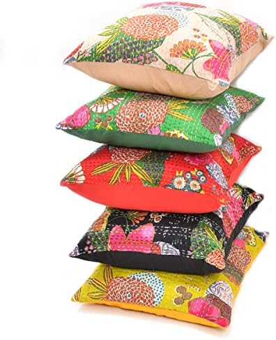 Comércio voador 18x18 Conjunto de boêmio étnico indiano de 5 quadrado colorido decorativo para sofá -sofá Casa Decorativa Design de frutas Boho Tropagem de almofada de algodão almofada de algodão