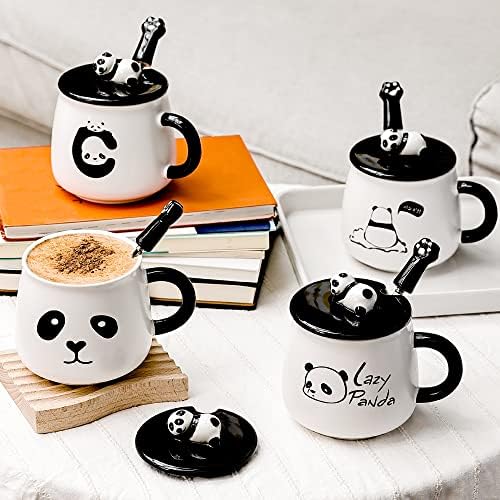 Shendong Panda Caneca Conjunto de 4 caneca de café cerâmica fofa com tampa de panda 3D e colher panda copo de café novidade de café caneca de leite de leite para panos amantes de panda aniversário aniversário mulheres amigas garotas meninas meninas meninas
