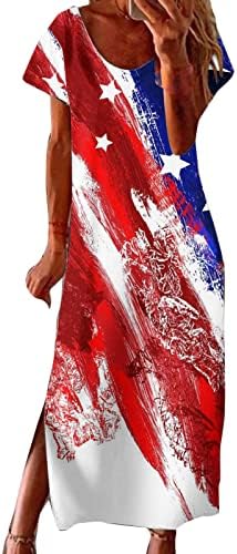 4 de julho Vestido para mulheres Casual verão boêmio maxi vestido EUA bandeira de manga curta escola de pescoço patriótico