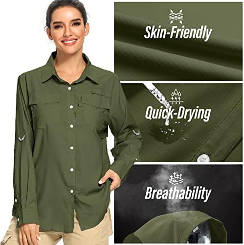 UPF feminina 50 camisas de safari de manga longa, proteção solar rápida seca de pesca ao ar livre camisa de jardinagem