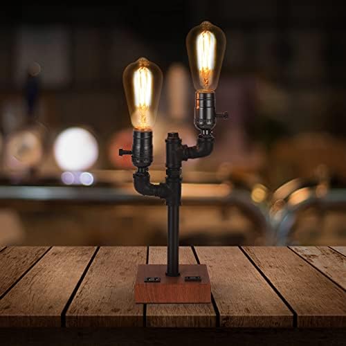 Lâmpada de mesa industrial Shinoske, lâmpada de mesa de cabeça -steampunk vintage de cabeça dupla com porta de carregamento