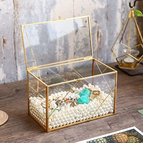 Utopz decorativa Caixa de vidro transparente com linha geométrica dourada e caixa de sombra de latão, estação de tesouro de exibição de jóias, 8 × 4,5 x 5 polegadas
