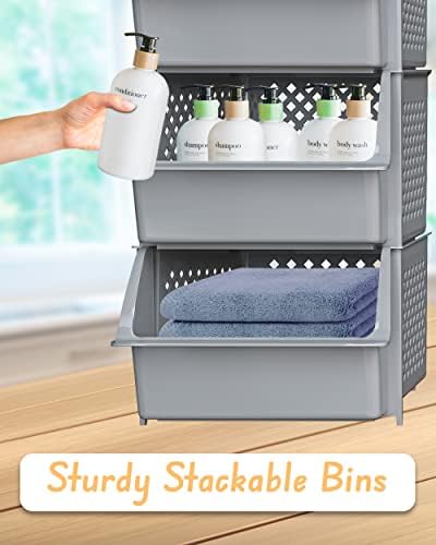 Skywin plástico empilhável caixas de armazenamento para despensa - 3 caixas de empilhamento cinza para organizar alimentos, cozinha